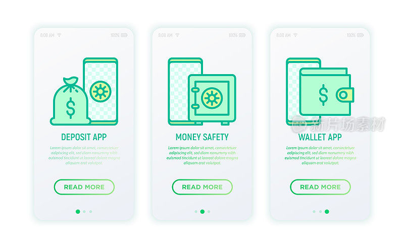 Online banking thin line icons: deposit app, money safety, wallet app. Modern vector illustration for for user mobile app.